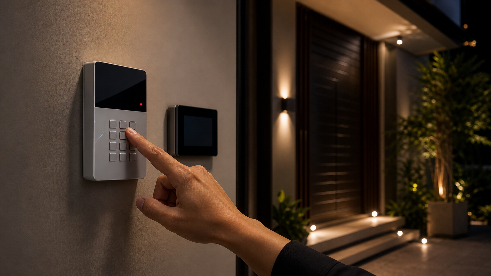 Residential alarm keypad at a protected home entrance
